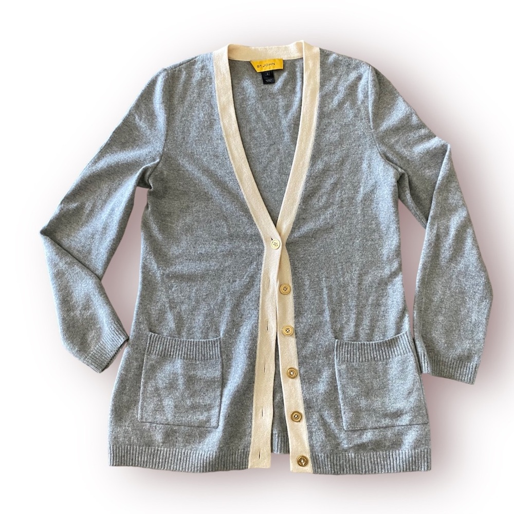 St John gold label gray/cream cashmere cardigan gold buttons small casual